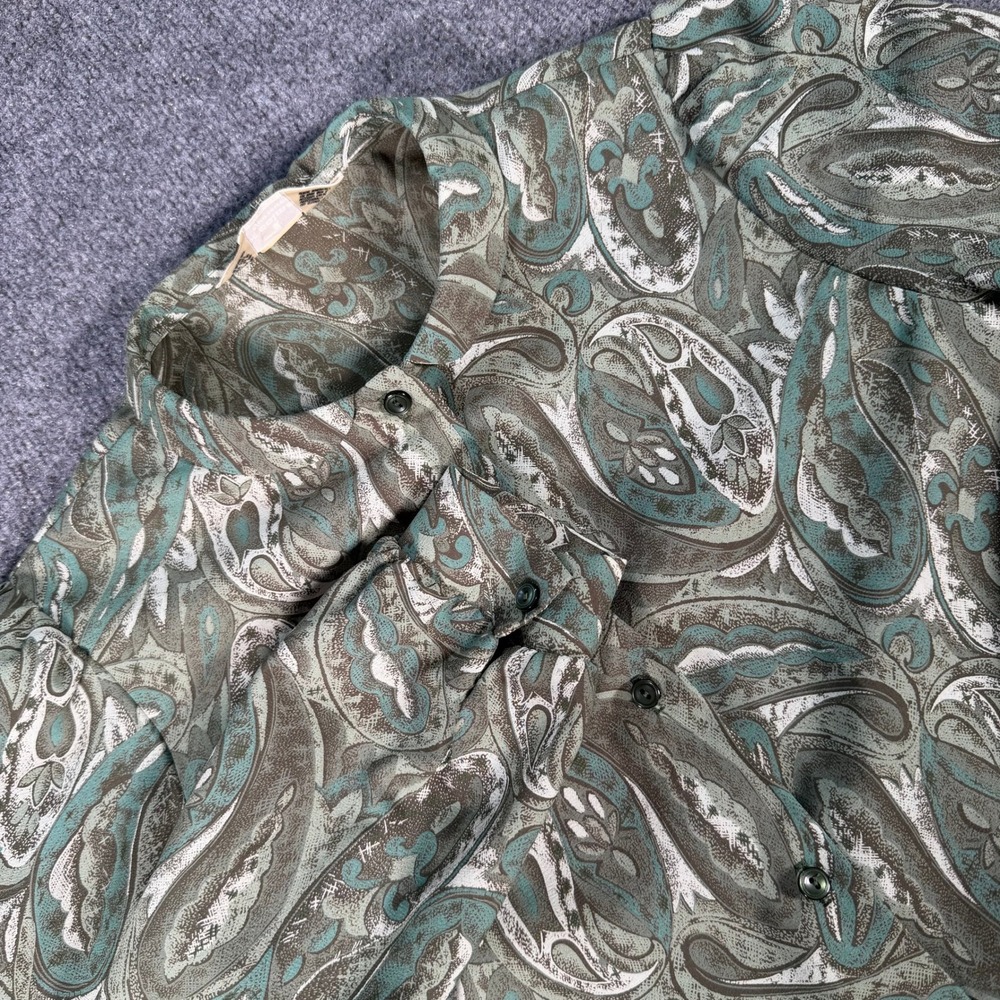 Alex Colman Sportswear Vintage Paisley Button Up Blouse Green Teal Earthy #4551